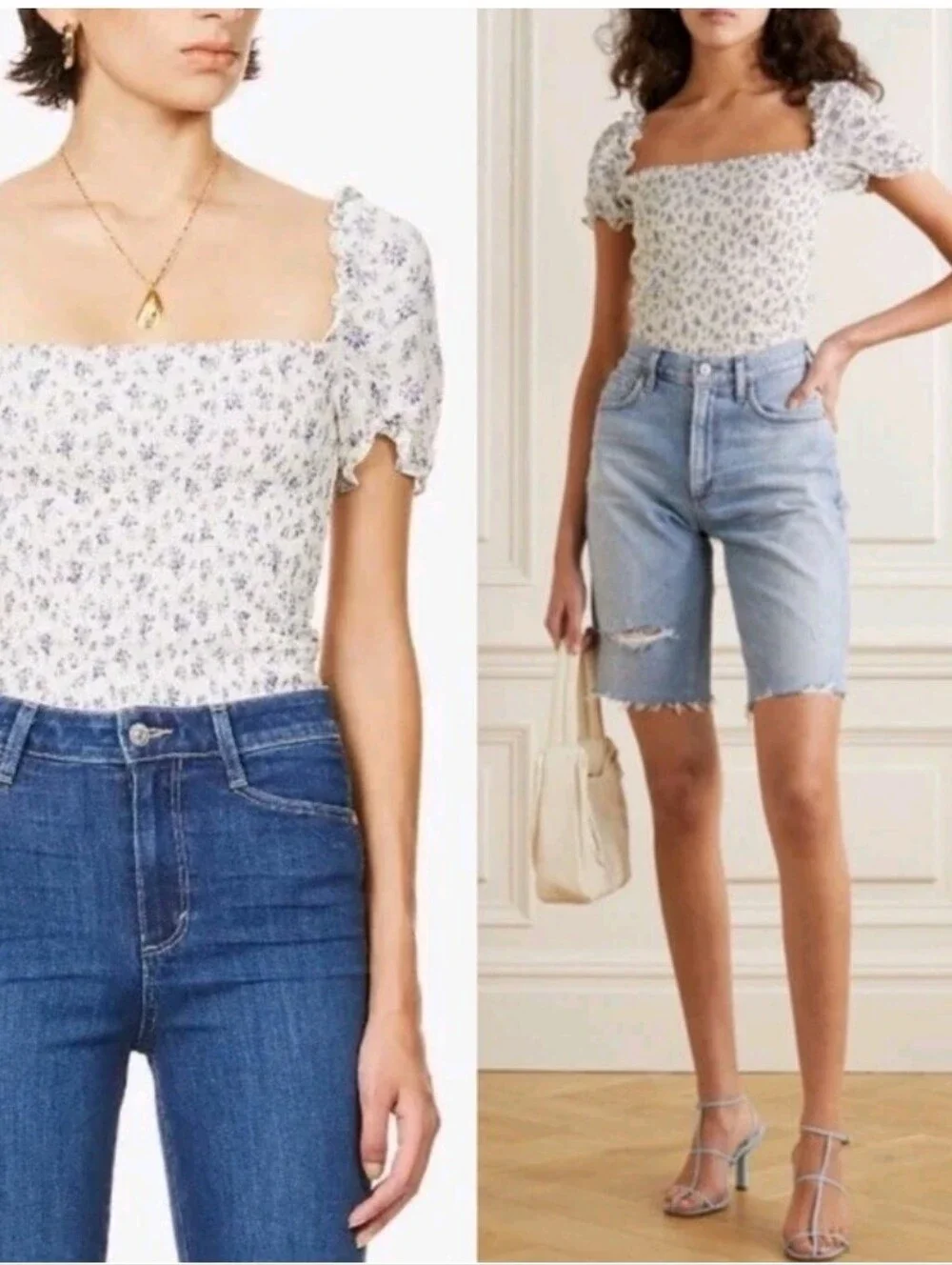 Reformation Jess Top Gracie Floral Smocked Puff Sleeve Crop S